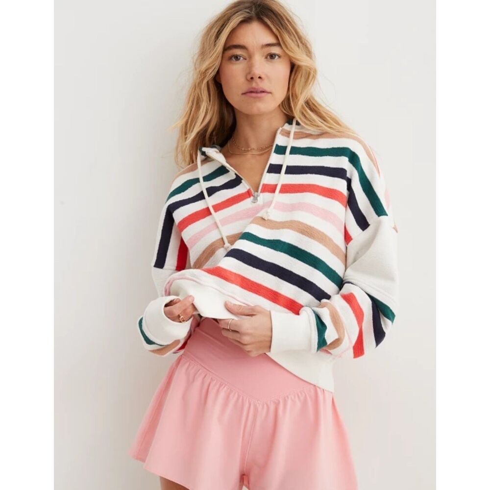Aerie Restart Quarter Zip Hoodie Multicolor Striped Cropped Pullover Women L